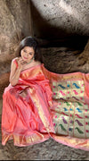 Parampara ~ Handloom Pure Silk Paithani Saree with Traditional Peacock Lotus Pallu ~ Peach - verymuchindian.com