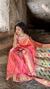 Parampara ~ Handloom Pure Silk Paithani Saree with Traditional Peacock Lotus Pallu ~ Peach - verymuchindian.com