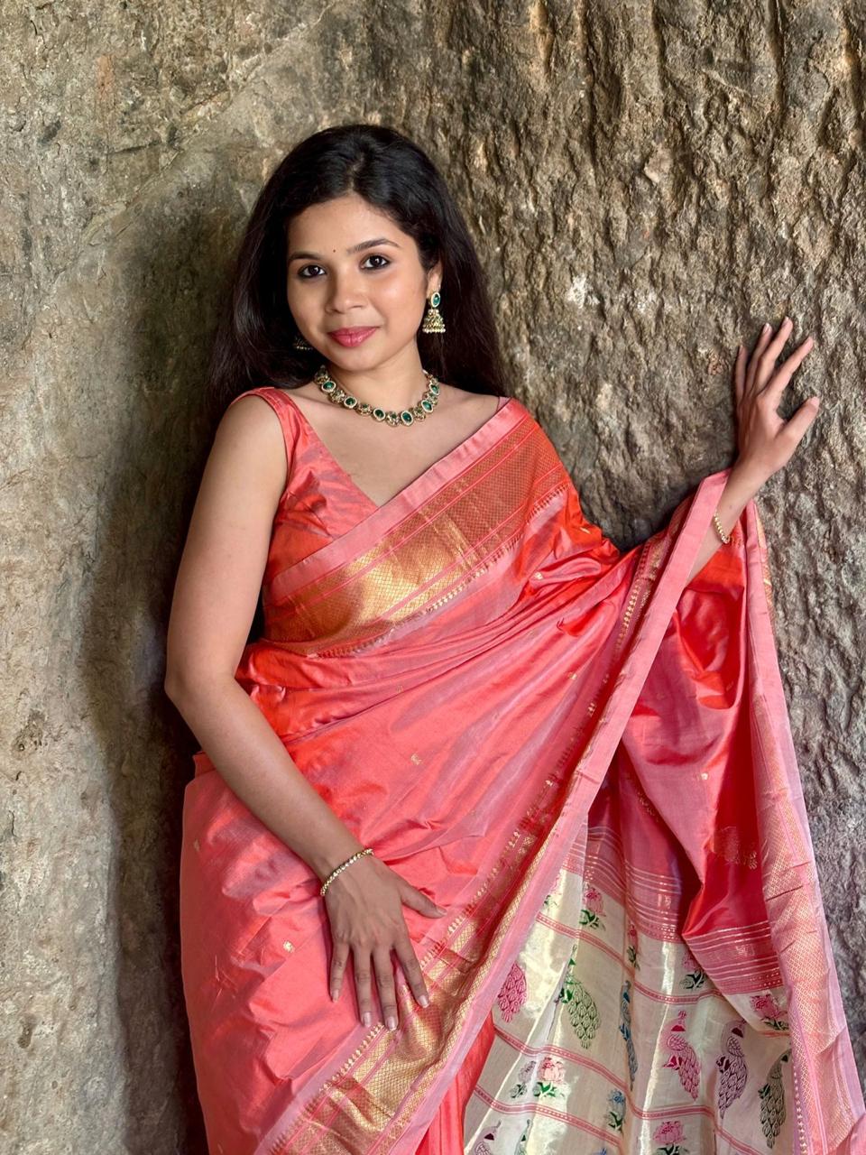 Parampara ~ Handloom Pure Silk Paithani Saree with Traditional Peacock Lotus Pallu ~ Peach - verymuchindian.com
