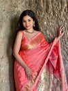 Parampara ~ Handloom Pure Silk Paithani Saree with Traditional Peacock Lotus Pallu ~ Peach - verymuchindian.com