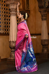 Parampara ~ Handloom Pure Silk Paithani Saree with Traditional Peacock Pallu ~ Fancy Pink - verymuchindian.com