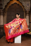 Parampara ~ Handloom Pure Silk Paithani with Muniya Border, Peacock Motifs & Floral Peacock Pallu in Regal Rani Pink. ( Availalble in circular buttas) - verymuchindian.com