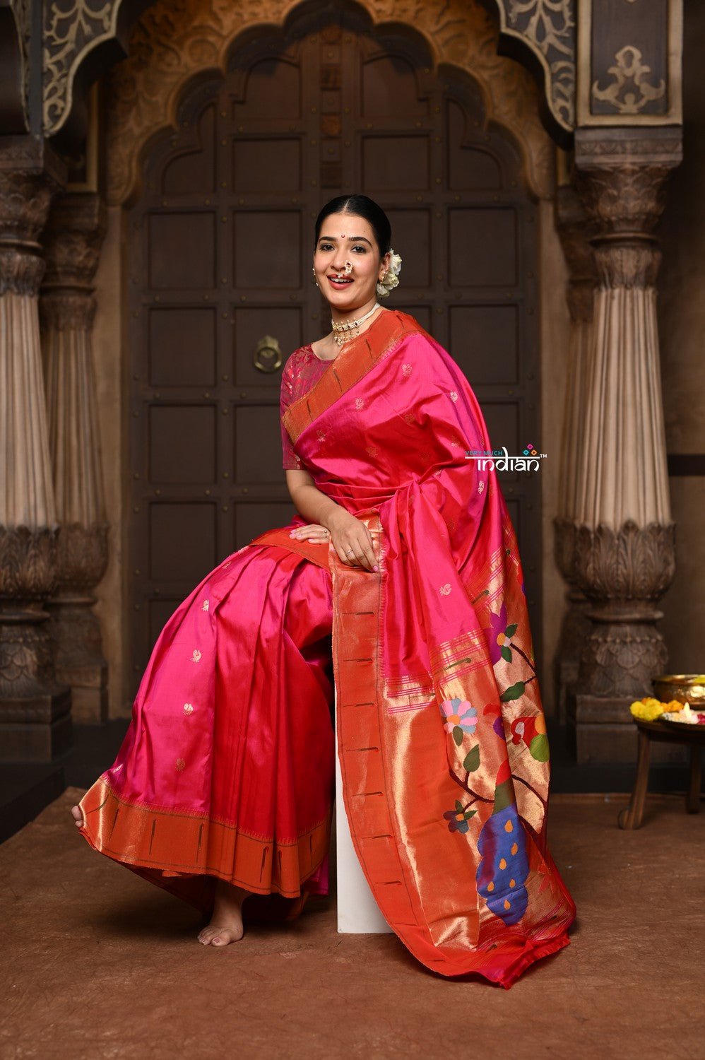 Parampara ~ Handloom Pure Silk Paithani with Muniya Border, Peacock Motifs & Floral Peacock Pallu in Regal Rani Pink. ( Availalble in circular buttas) - verymuchindian.com