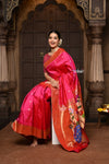 Parampara ~ Handloom Pure Silk Paithani with Muniya Border, Peacock Motifs & Floral Peacock Pallu in Regal Rani Pink. ( Availalble in circular buttas) - verymuchindian.com