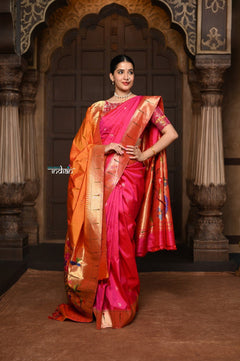 Parampara ~ Handloom Pure Silk Paithani with Muniya Border, Peacock Motifs & Floral Peacock Pallu in Regal Rani Pink. ( Availalble in circular buttas) - verymuchindian.com