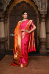 Parampara ~ Handloom Pure Silk Paithani with Muniya Border, Peacock Motifs & Floral Peacock Pallu in Regal Rani Pink. ( Availalble in circular buttas) - verymuchindian.com