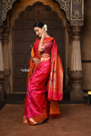 Parampara ~ Handloom Pure Silk Paithani with Muniya Border, Peacock Motifs & Floral Peacock Pallu in Regal Rani Pink. ( Availalble in circular buttas) - verymuchindian.com