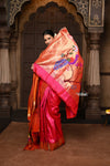 Parampara ~ Handloom Pure Silk Paithani with Muniya Border, Peacock Motifs & Floral Peacock Pallu in Regal Rani Pink. ( Availalble in circular buttas) - verymuchindian.com