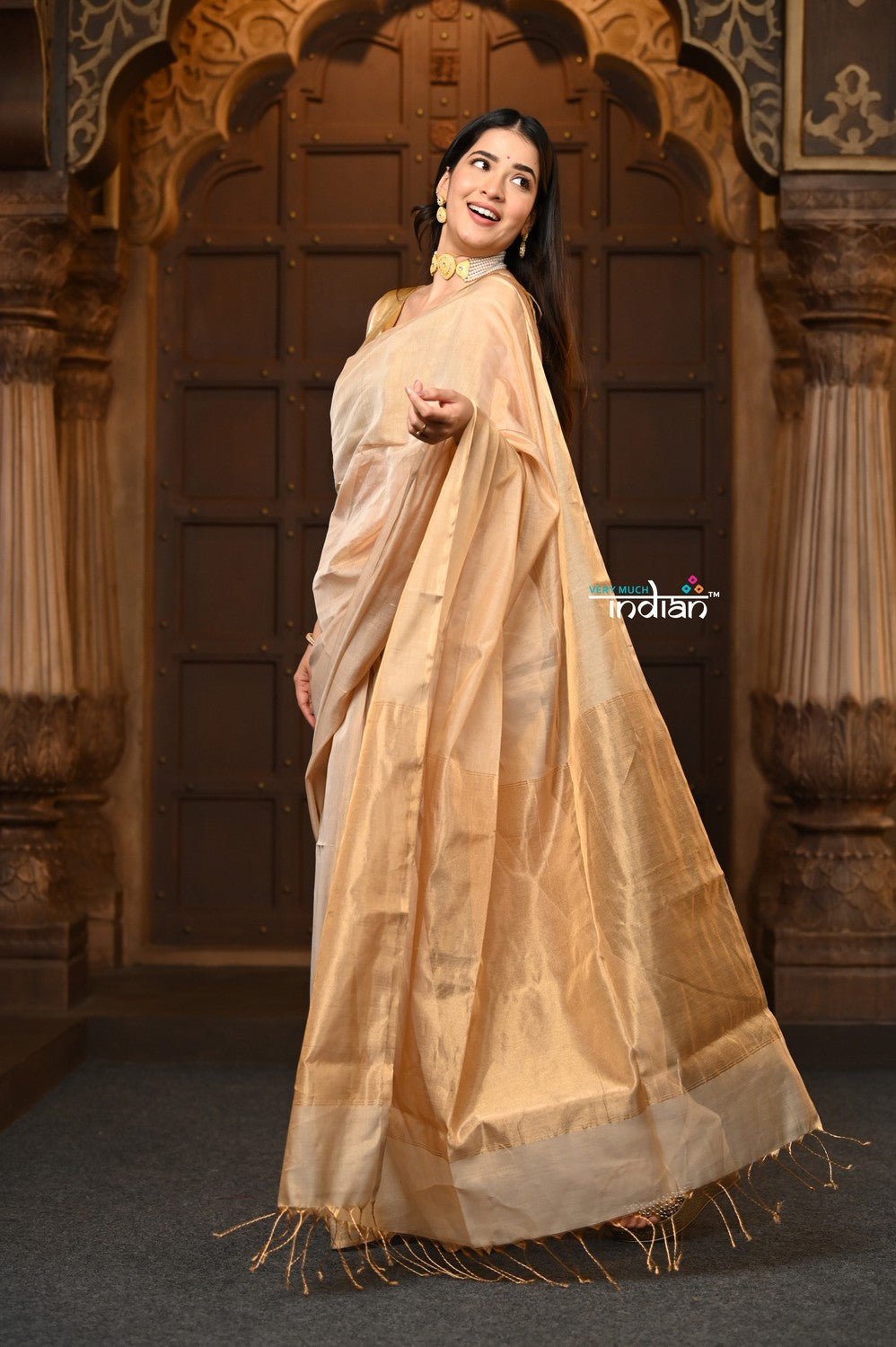 Parampara ~ Handloom Silk Tissue Chanderi Saree With Sleek Border~ Beige - verymuchindian.com