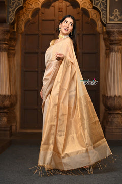 Parampara ~ Handloom Silk Tissue Chanderi Saree With Sleek Border~ Beige - verymuchindian.com