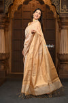 Parampara ~ Handloom Silk Tissue Chanderi Saree With Sleek Border~ Beige - verymuchindian.com