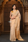 Parampara ~ Handloom Silk Tissue Chanderi Saree With Sleek Border~ Beige - verymuchindian.com