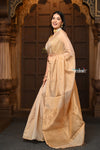 Parampara ~ Handloom Silk Tissue Chanderi Saree With Sleek Border~ Beige - verymuchindian.com