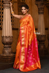 Parampara ~ Limited Edition Pure Silk Paithani with Asawali Pallu & Asawali Buttis in Exquisite Yellow with Pink Unique Pallu - verymuchindian.com