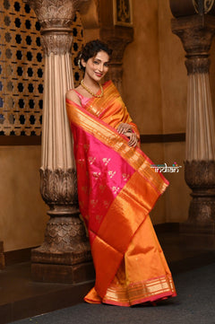 Parampara ~ Limited Edition Pure Silk Paithani with Asawali Pallu & Asawali Buttis in Exquisite Yellow with Pink Unique Pallu - verymuchindian.com