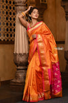 Parampara ~ Limited Edition Pure Silk Paithani with Asawali Pallu & Asawali Buttis in Exquisite Yellow with Pink Unique Pallu - verymuchindian.com