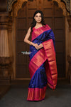 Parampara Premium ~ Gadwal Pure Silk Handloom Saree in Dual Tone Peacock Blue with Pink Border - verymuchindian.com