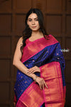 Parampara Premium ~ Gadwal Pure Silk Handloom Saree in Dual Tone Peacock Blue with Pink Border - verymuchindian.com