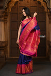 Parampara Premium ~ Gadwal Pure Silk Handloom Saree in Dual Tone Peacock Blue with Pink Border - verymuchindian.com