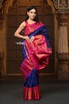 Parampara Premium ~ Gadwal Pure Silk Handloom Saree in Dual Tone Peacock Blue with Pink Border - verymuchindian.com