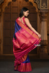 Parampara Premium ~ Gadwal Pure Silk Handloom Saree in Dual Tone Peacock Blue with Pink Border - verymuchindian.com