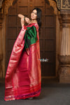 Parampara Premium ~ Gadwal Pure Silk Handloom Saree in Royal Green with Rani Pink Border - verymuchindian.com