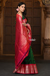 Parampara Premium ~ Gadwal Pure Silk Handloom Saree in Royal Green with Rani Pink Border - verymuchindian.com