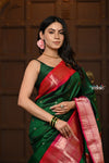 Parampara Premium ~ Gadwal Pure Silk Handloom Saree in Royal Green with Rani Pink Border - verymuchindian.com