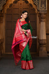 Parampara Premium ~ Gadwal Pure Silk Handloom Saree in Royal Green with Rani Pink Border - verymuchindian.com