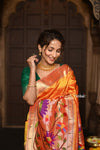 Parampara ~ Premium! Handloom Pure Silk Half Over Paithani with Swan & Floral Weave in Bestselling Sunset Yellow - verymuchindian.com