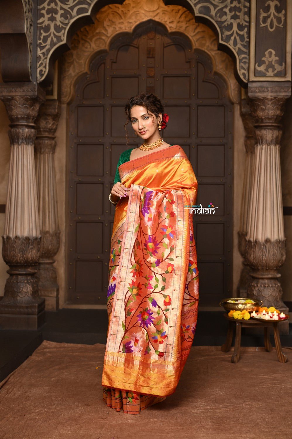 Parampara ~ Premium! Handloom Pure Silk Half Over Paithani with Swan & Floral Weave in Bestselling Sunset Yellow - verymuchindian.com