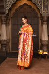 Parampara ~ Premium! Handloom Pure Silk Half Over Paithani with Swan & Floral Weave in Bestselling Sunset Yellow - verymuchindian.com