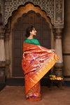Parampara ~ Premium! Handloom Pure Silk Half Over Paithani with Swan & Floral Weave in Bestselling Sunset Yellow - verymuchindian.com