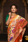 Parampara ~ Premium! Handloom Pure Silk Half Over Paithani with Swan & Floral Weave in Bestselling Sunset Yellow - verymuchindian.com