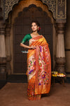 Parampara ~ Premium! Handloom Pure Silk Half Over Paithani with Swan & Floral Weave in Bestselling Sunset Yellow - verymuchindian.com