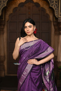 Parampara ~ Pure Cotton Paithani Saree with Exquisite Asawali Pallu in Gleaming Violet - verymuchindian.com