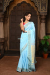 Parampara ~ Pure Cotton Paithani Saree with Exquisite Parrot Pallu in Powder Blue - verymuchindian.com