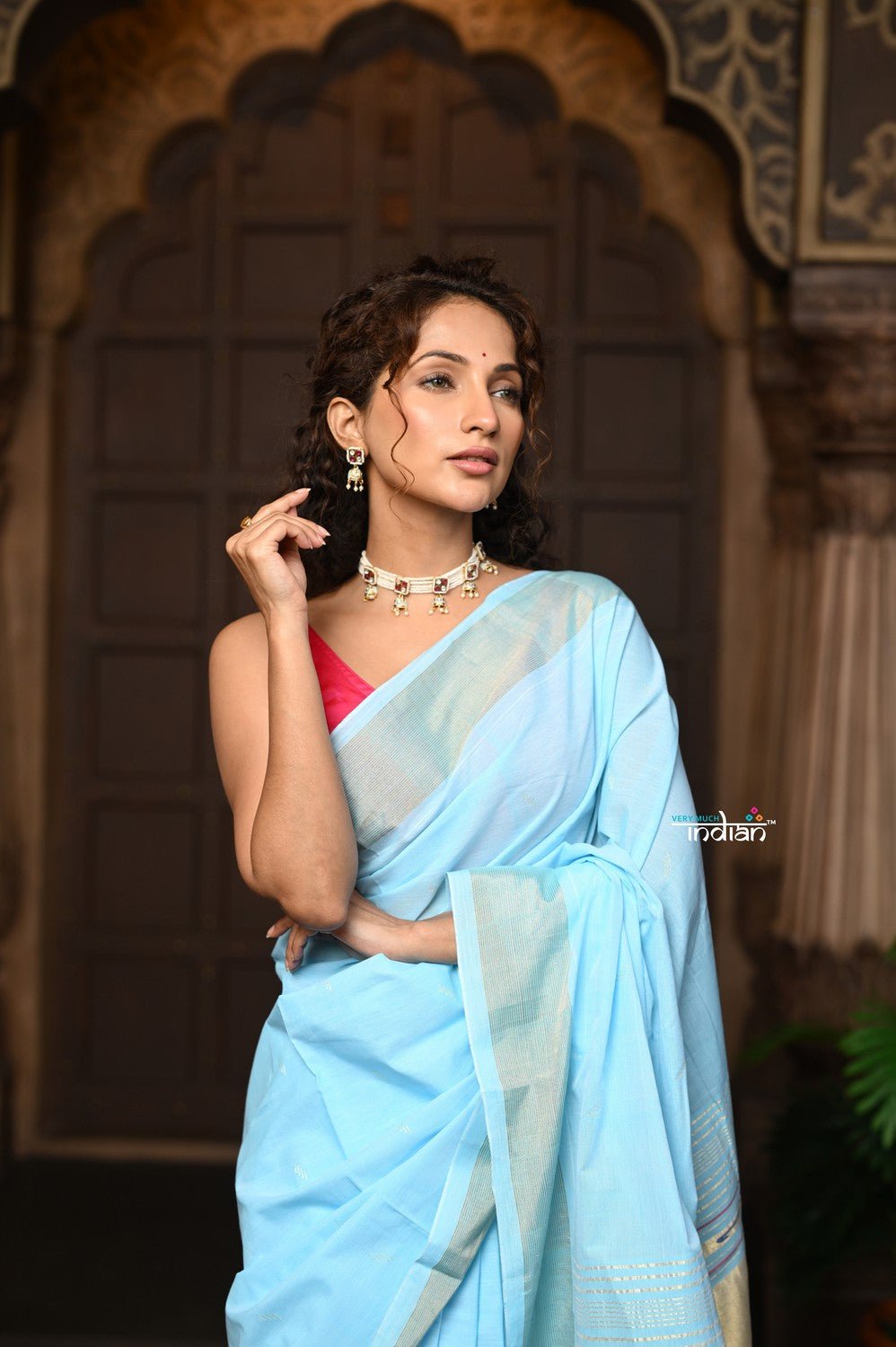 Parampara ~ Pure Cotton Paithani Saree with Exquisite Parrot Pallu in Powder Blue - verymuchindian.com