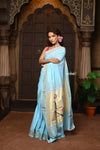 Parampara ~ Pure Cotton Paithani Saree with Exquisite Parrot Pallu in Powder Blue - verymuchindian.com