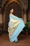 Parampara ~ Pure Cotton Paithani Saree with Exquisite Parrot Pallu in Powder Blue - verymuchindian.com