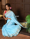 Parampara ~ Pure Cotton Paithani Saree with Exquisite Parrot Pallu in Powder Blue - verymuchindian.com