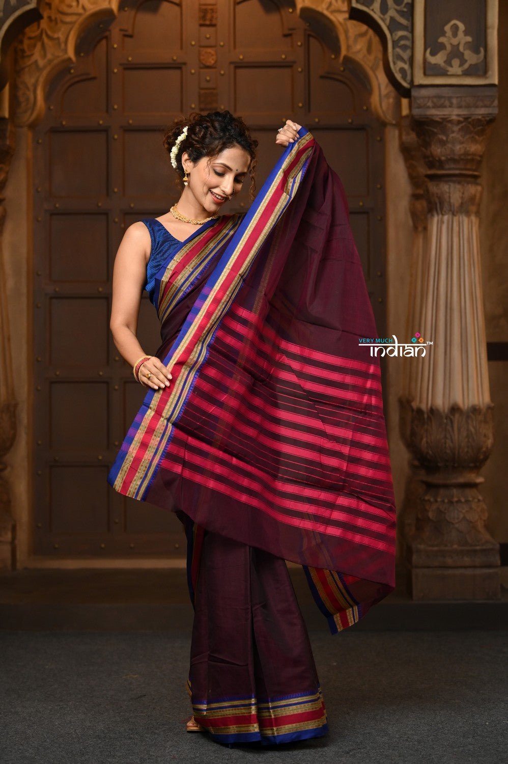 Parampara ~ Pure Cotton Saree in Brown with Exclusive Zari Border & Pallu - verymuchindian.com