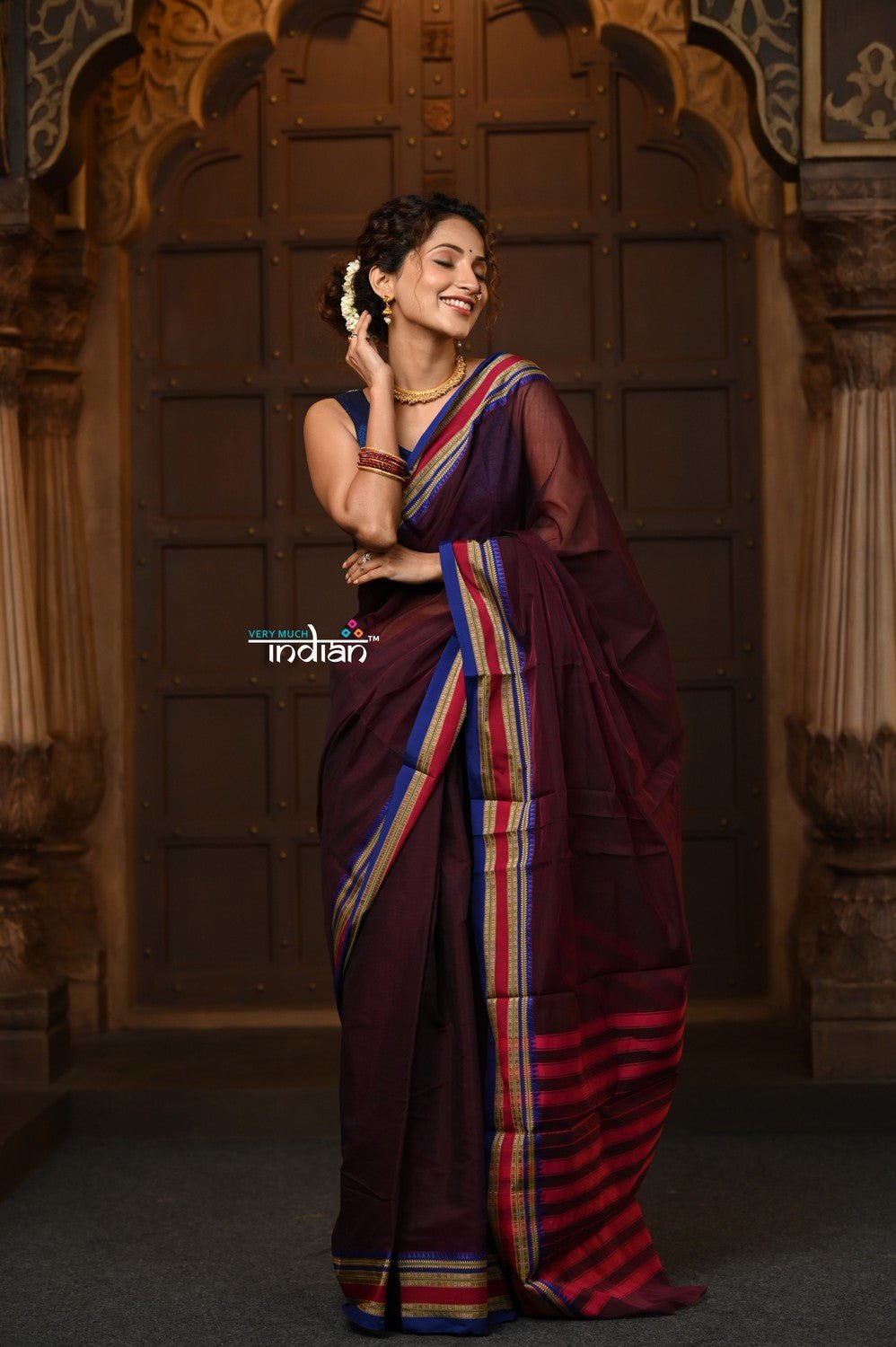 Parampara ~ Pure Cotton Saree in Brown with Exclusive Zari Border & Pallu - verymuchindian.com