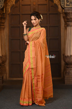 Parampara ~ Pure Cotton Saree in Regal Beige Orange with Zari Border & Pallu - verymuchindian.com