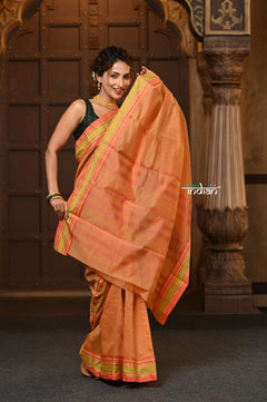 Parampara ~ Pure Cotton Saree in Regal Beige Orange with Zari Border & Pallu - verymuchindian.com