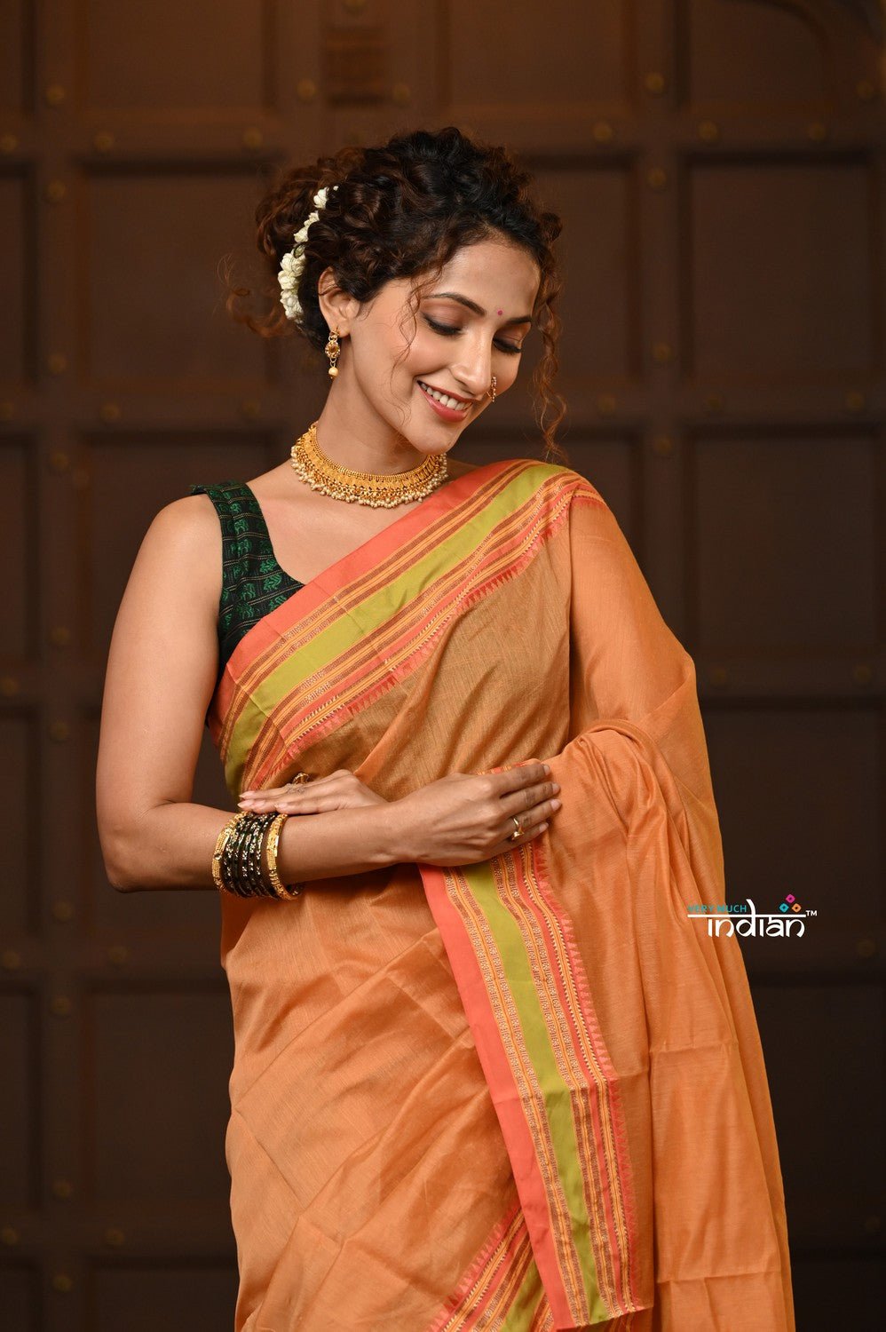 Parampara ~ Pure Cotton Saree in Regal Beige Orange with Zari Border & Pallu - verymuchindian.com