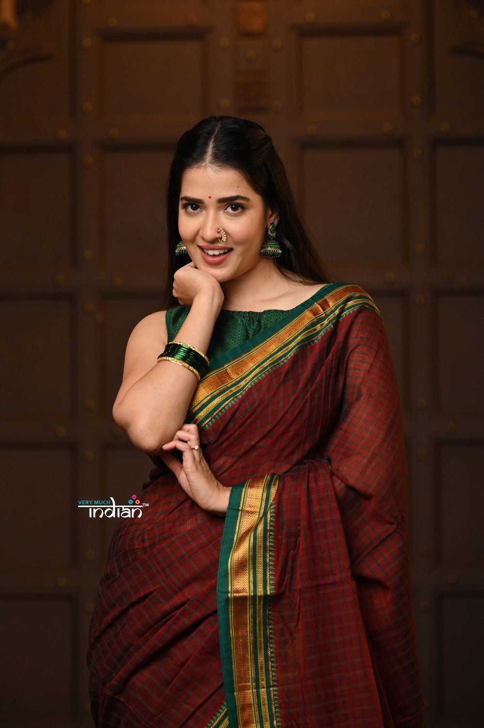 Parampara ~ Pure Cotton Saree in Regal Dark Brown with Zari Border & Pallu - verymuchindian.com