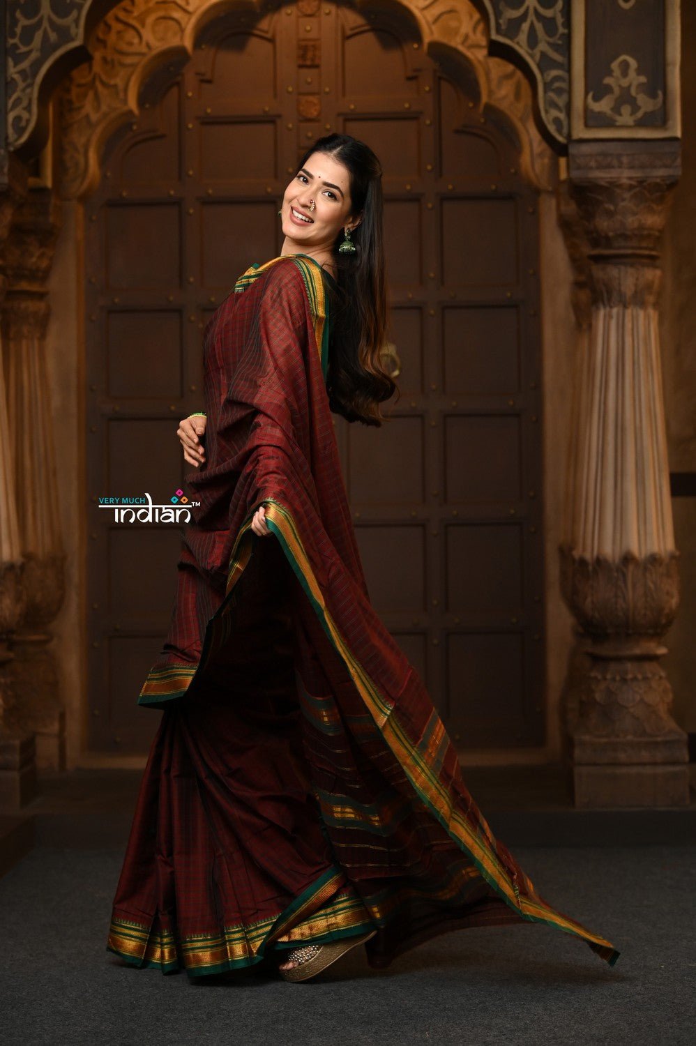 Parampara ~ Pure Cotton Saree in Regal Dark Brown with Zari Border & Pallu - verymuchindian.com