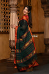 Parampara ~ Pure Cotton Saree in Regal Dark Green with Exclusive Zari Border & Pallu - verymuchindian.com