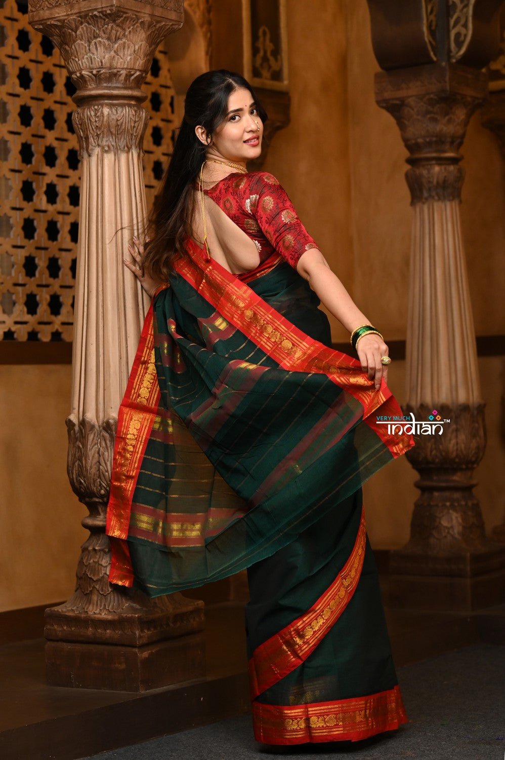 Parampara ~ Pure Cotton Saree in Regal Dark Green with Exclusive Zari Border & Pallu - verymuchindian.com